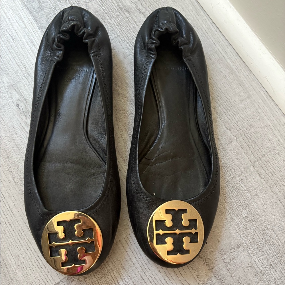Tory Burch Black Flats with Gold Logo